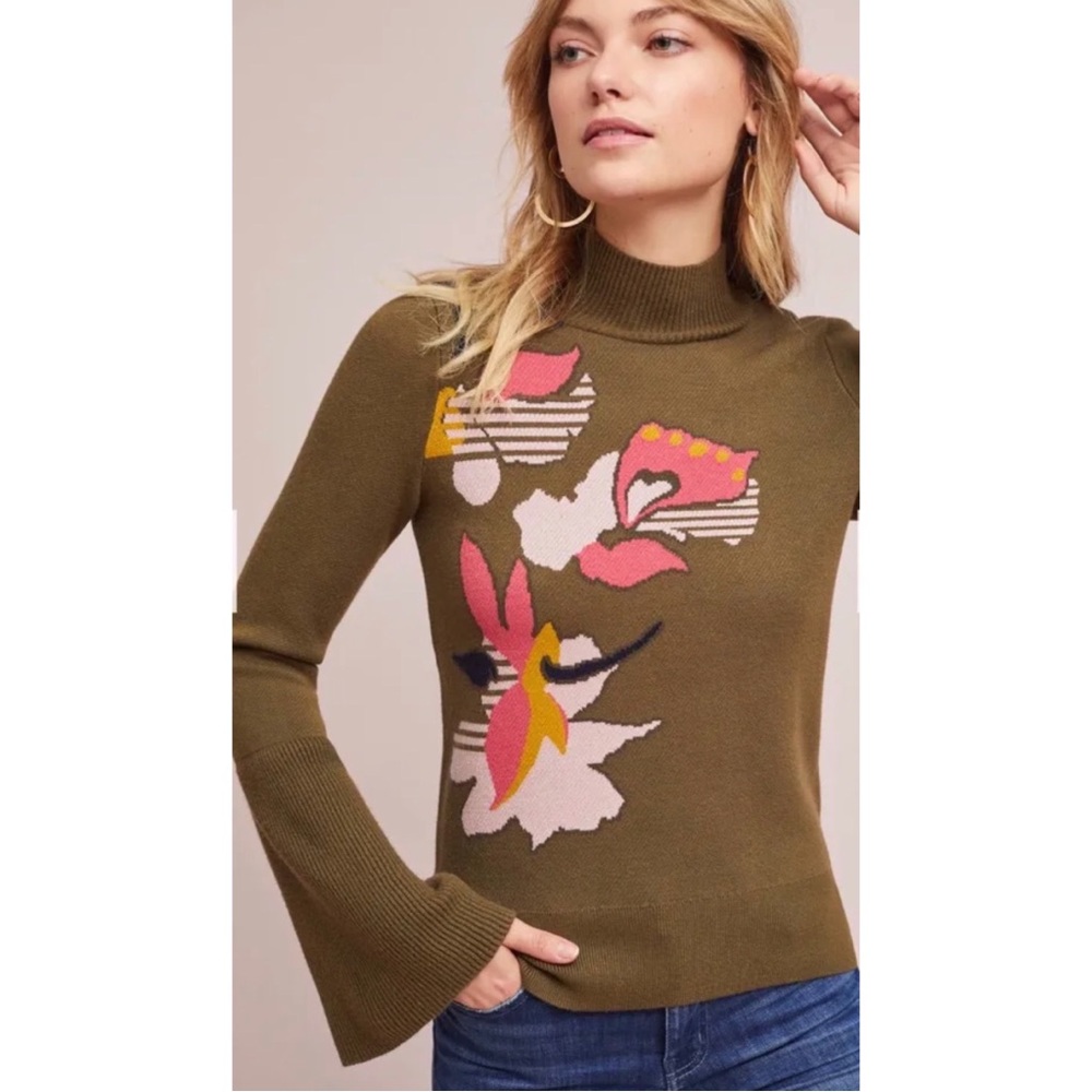 Anthropologie Knitted & Knotted Lileas Bell Sleeve Floral Sweater